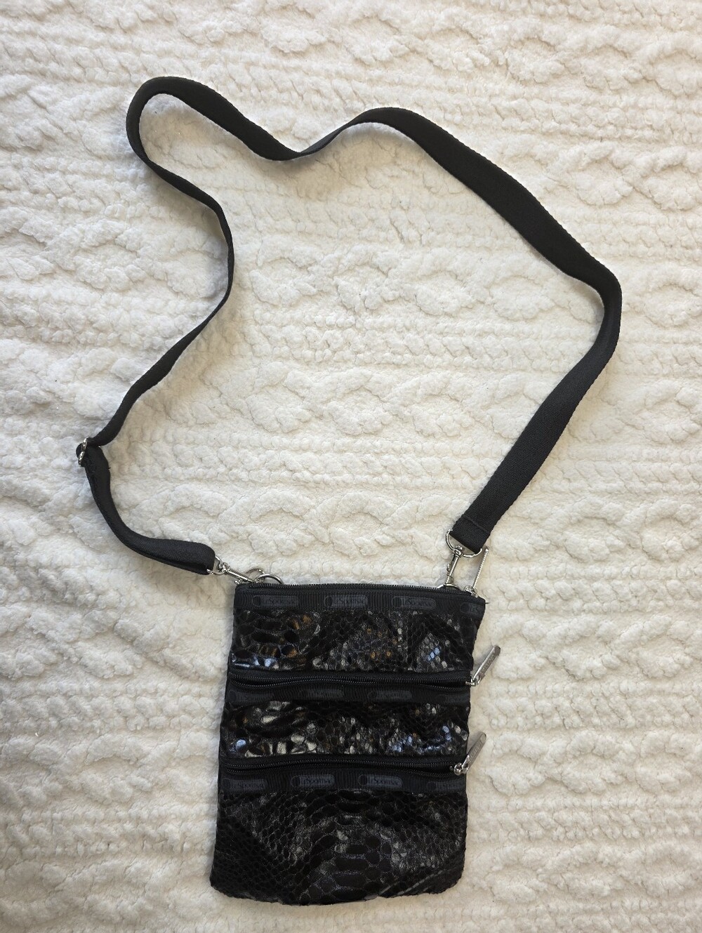 LeSportsac Black Embossed Snake Print Triple Zip Crossbody Bag